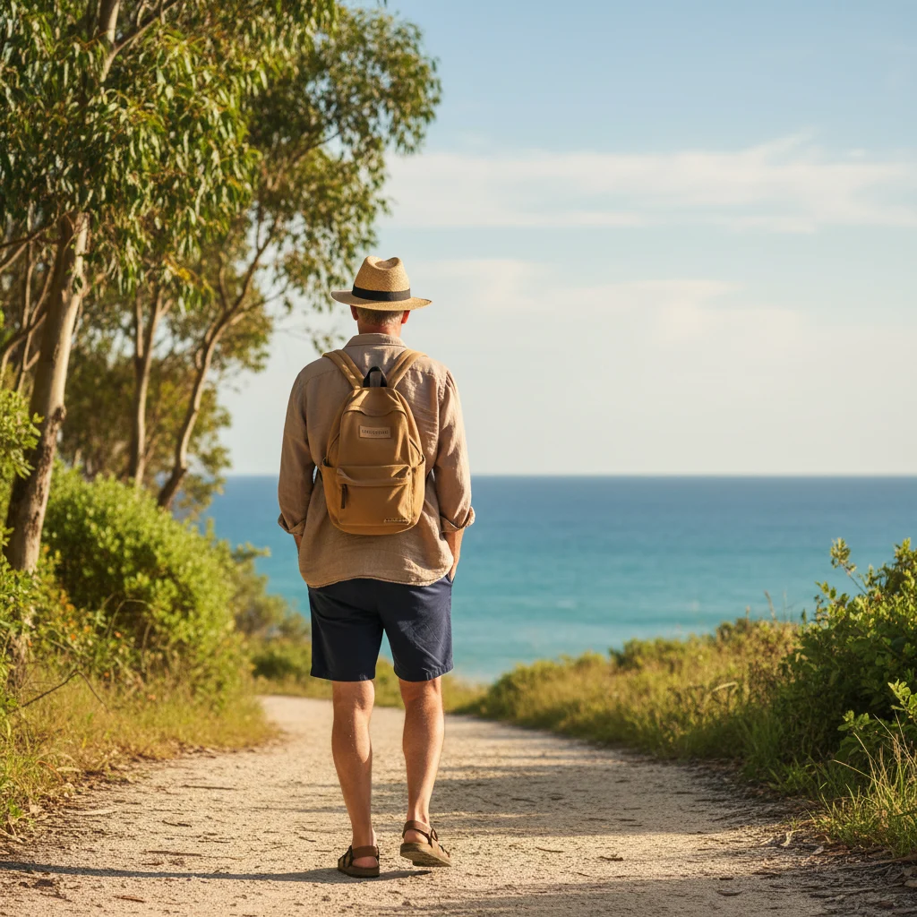 Anonymous man walking on a coastal Australian path at sunrise - food supplement for active men 50 plus lifestyle